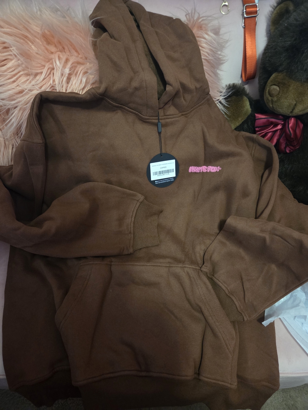 White Fox Boutique Brown Hoodie with Pink Logo